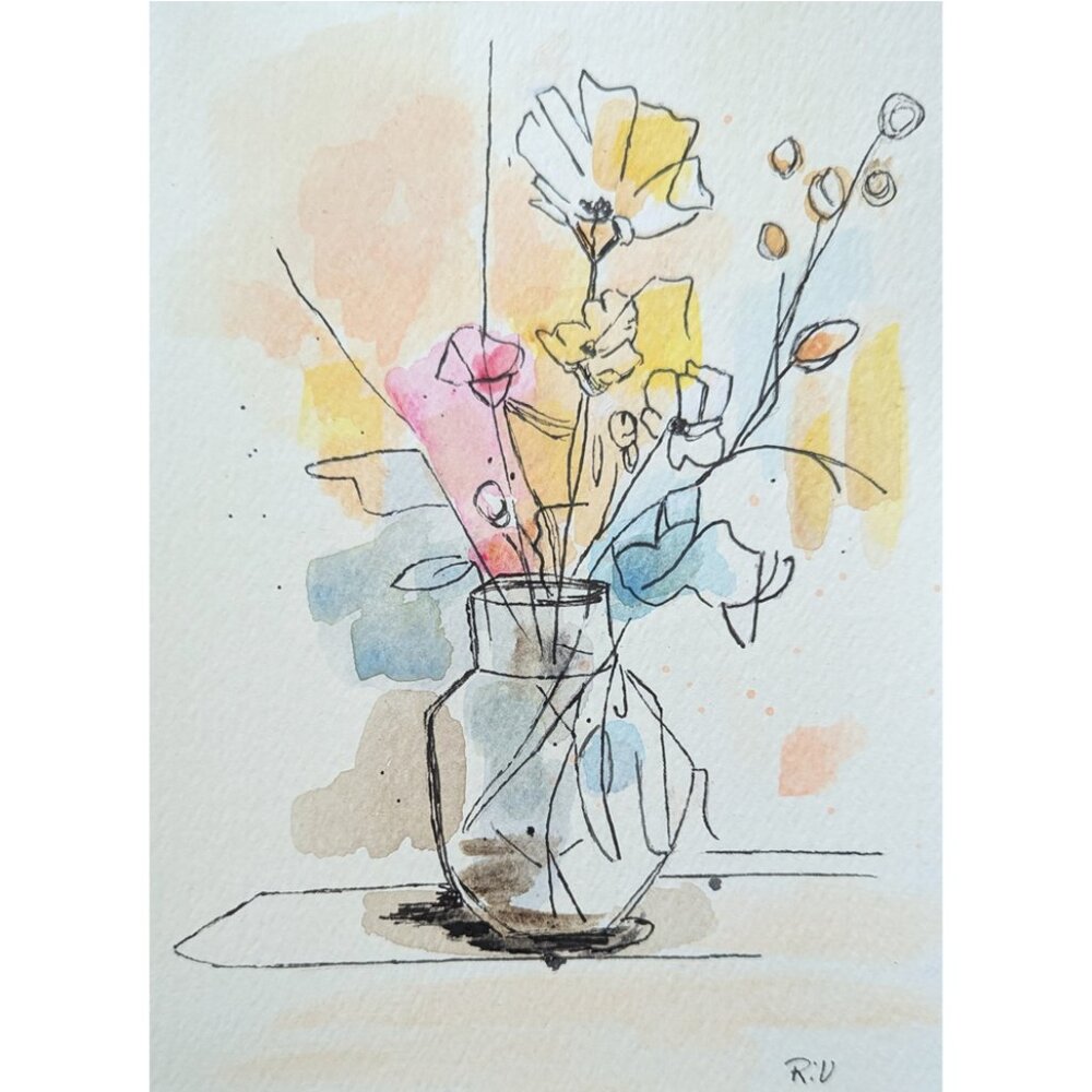Original Floral in Vase Painting on Watercolor Paper